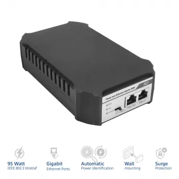 ACT PoE barošanas injektors 95W, Gigabit Ethernet, 10/100/1000, PoE++ (4PPoE), IEEE 802.3af/at/bt, Cat6a