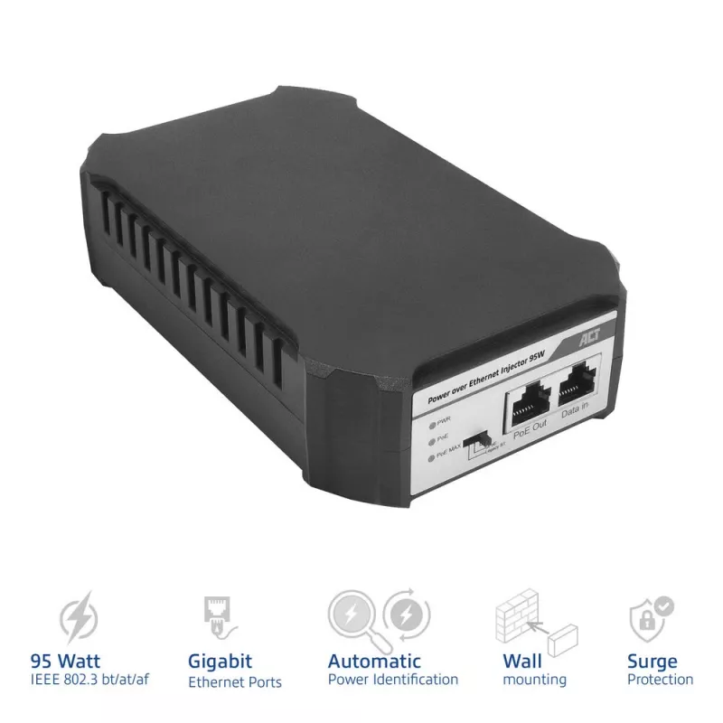 ACT PoE barošanas injektors 95W, Gigabit Ethernet, 10/100/1000, PoE++ (4PPoE), IEEE 802.3af/at/bt, Cat6a