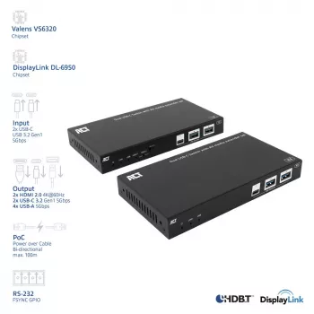 ACT AV signālu pagarinātājs ar divu USB-C slēdzi, CAT6A, 100 metri