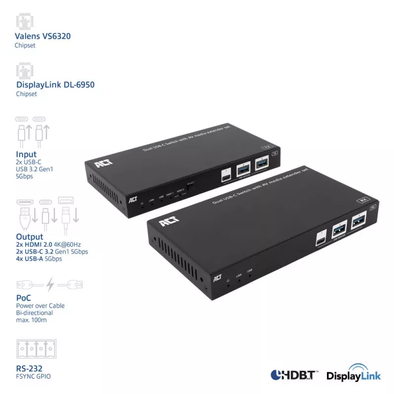 ACT AV signālu pagarinātājs ar divu USB-C slēdzi, CAT6A, 100 metri