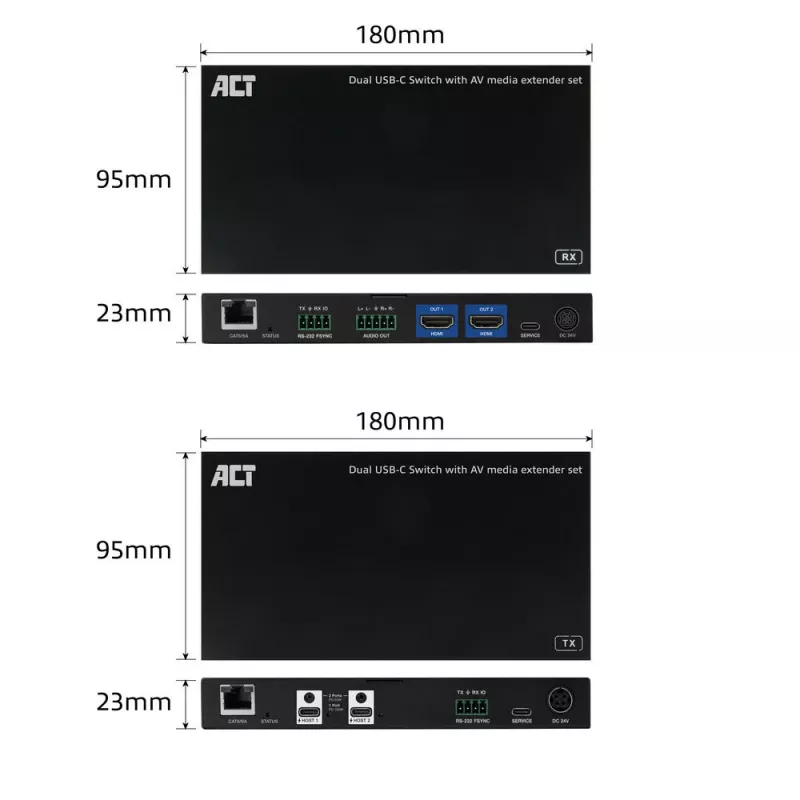 ACT AV signālu pagarinātājs ar divu USB-C slēdzi, CAT6A, 100 metri