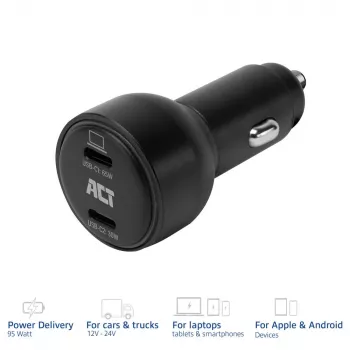 ACT 2-portu USB-C ātrais auto lādētājs 95W ar Power Delivery PPS, Quick Charge un GaNFast