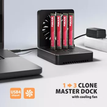 AXAGON ADSA-M2C44 USB4 40Gbps 4-Bay M.2 NVMe SSD Docking Station ar Offline Klonēšanas Funkciju, Alumīnijs, Aktīvā Dzesēšana