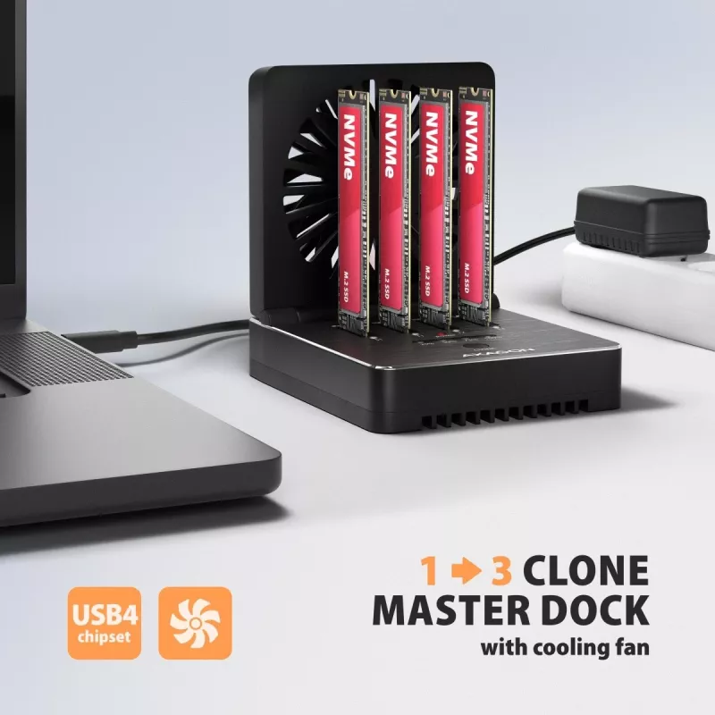 AXAGON ADSA-M2C44 USB4 40Gbps 4-Bay M.2 NVMe SSD Docking Station ar Offline Klonēšanas Funkciju, Alumīnijs, Aktīvā Dzesēšana