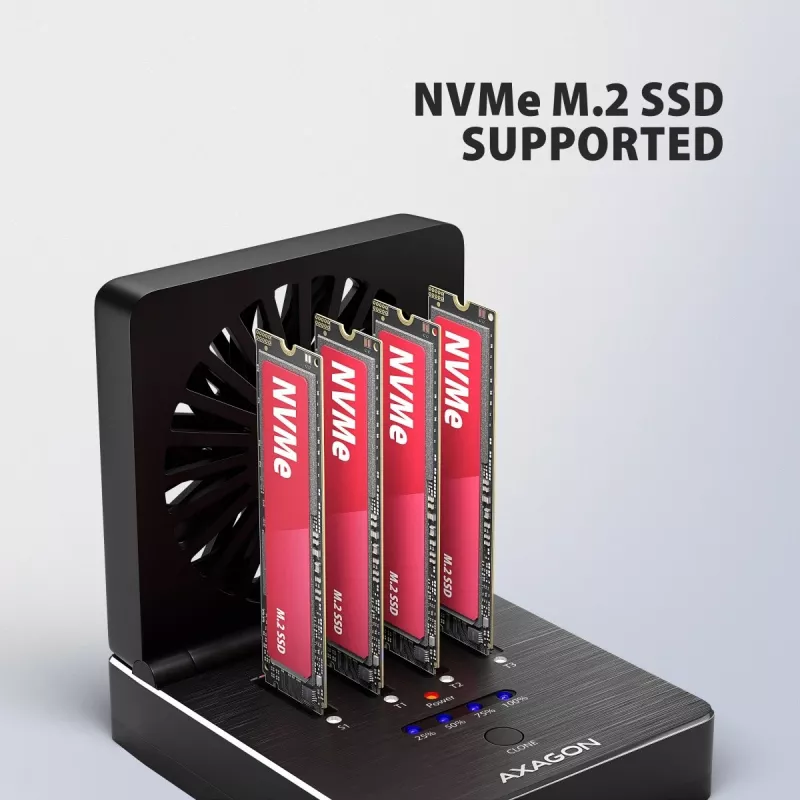 AXAGON ADSA-M2C44 USB4 40Gbps 4-Bay M.2 NVMe SSD Docking Station ar Offline Klonēšanas Funkciju, Alumīnijs, Aktīvā Dzesēšana
