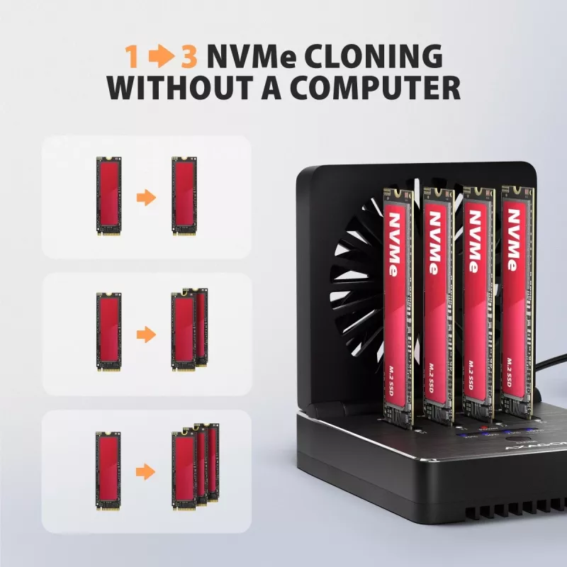 AXAGON ADSA-M2C44 USB4 40Gbps 4-Bay M.2 NVMe SSD Docking Station ar Offline Klonēšanas Funkciju, Alumīnijs, Aktīvā Dzesēšana