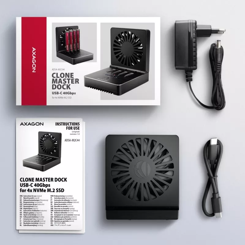 AXAGON ADSA-M2C44 USB4 40Gbps 4-Bay M.2 NVMe SSD Docking Station ar Offline Klonēšanas Funkciju, Alumīnijs, Aktīvā Dzesēšana
