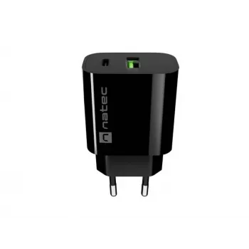 NATEC Ribera sienas lādētājs 1x USB-A + 1x USB-C 20W Melns