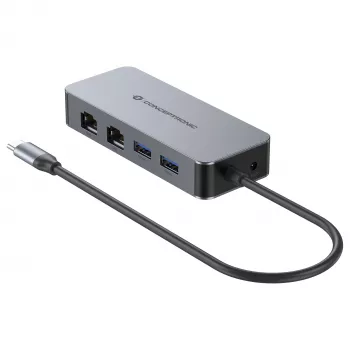 CONCEPTRONIC USB-C to 2x Gigabit Ethernet + 2x USB-A 3.2 Gen 1 Adapter, 0,3m, Grey