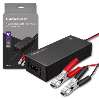 Qoltec 52665 Automātiskais akumulatoru lādētājs AGM GEL STD baterijām, 24V 2A 48W, LED indikators, 1,8m kabelis