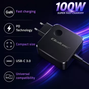 Qoltec 100W GaN USB-C PD lādētājs 5-20V 3-5A Melns
