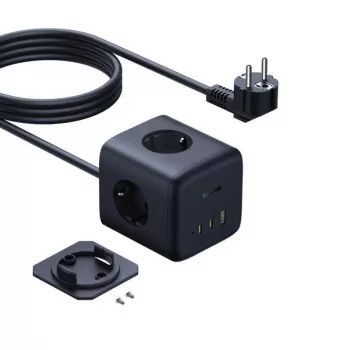 Baseus EnerFill FA11 67W Power Strip Cube ar 3 EU Kontaktligzdām, 2 USB-C un 1 USB-A, 1,5m Kabelis, Melns