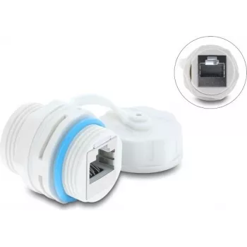 Delock RJ45 savienotājs Cat.6A Female to Female ar M23.5 x 1,5 mm vītni un aizsargvāciņu IP68 putekļu un ūdens necaurlaidīgs balts (87156)