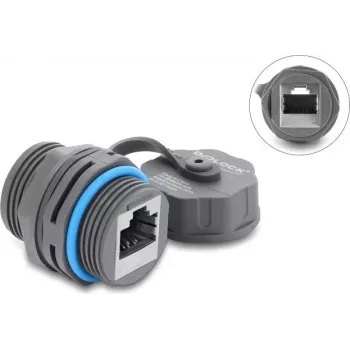 Delock RJ45 Female to RJ45 Female Cable Connector Cat.6A with M23.5 x 1.5 mm Thread and Protective Cap IP68 Dustproof and Waterproof Grey (87157)