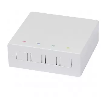 Synergy21 FTTH sienas sadales kārba 4 SC-Simplex vai LC-Duplex savienotājiem, 80x80mm ar kabeļu maršrutēšanu, DIN-sliedes/sienas montāža, termokurpe, balta