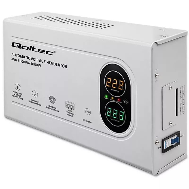 Qoltec Automātiskais sprieguma regulators AVR 3000VA 1800W Kompakts toroidālais transformators