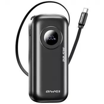 AWEI PowerBank PA-9 10000mAh 22,5W ar ievelkamu kabeli Melns