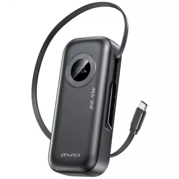 AWEI PowerBank PA-9 10000mAh 22,5W ar ievelkamu kabeli Melns