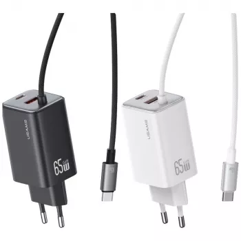 USAMS JC Series CC266 65W GaN Fast Charger 2xUSB-C 1xUSB-A ar iebūvētu USB-C kabeli 1,5m Balts