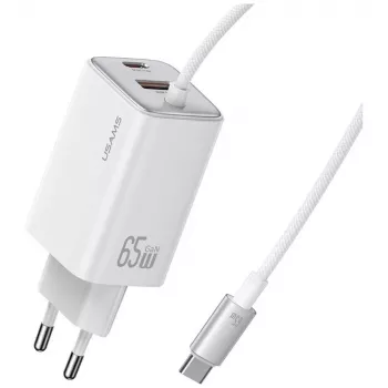 USAMS JC Series CC266 65W GaN Fast Charger 2xUSB-C 1xUSB-A ar iebūvētu USB-C kabeli 1,5m Balts