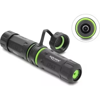 Delock DC Power Connector Coupler 5.5 x 2,1 mm Female to Female ar M20 x 1,5 mm vītni un blīvējuma vāciņu, IP68 putekļu un ūdens izturīgs, saderīgs ar Starlink (87180)