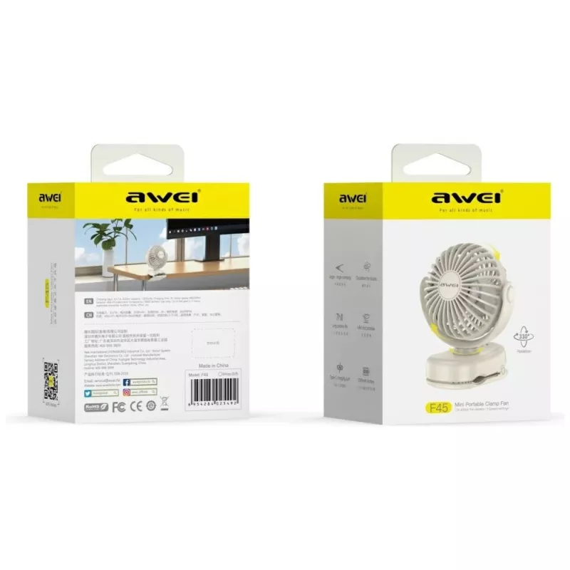 AWEI F45 Mini Desk Fan with Clip, 1200mAh, White