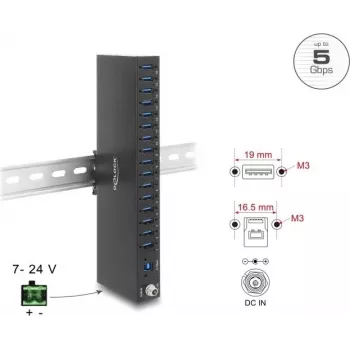 Delock Industrial Hub 16 x USB 5 Gbps Type-A ar 8 kV ESD aizsardzību un DIN sliežu stiprinājumu (60793)