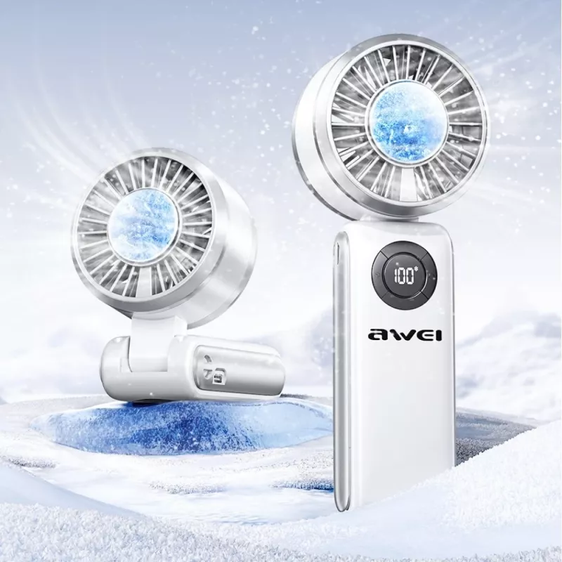 AWEI F39 Fast Ice Mini Rokas Ventilators, Ledus Balts, 3600mAh, Turbo Dzesēšana, 5 Ātrumi, USB-C