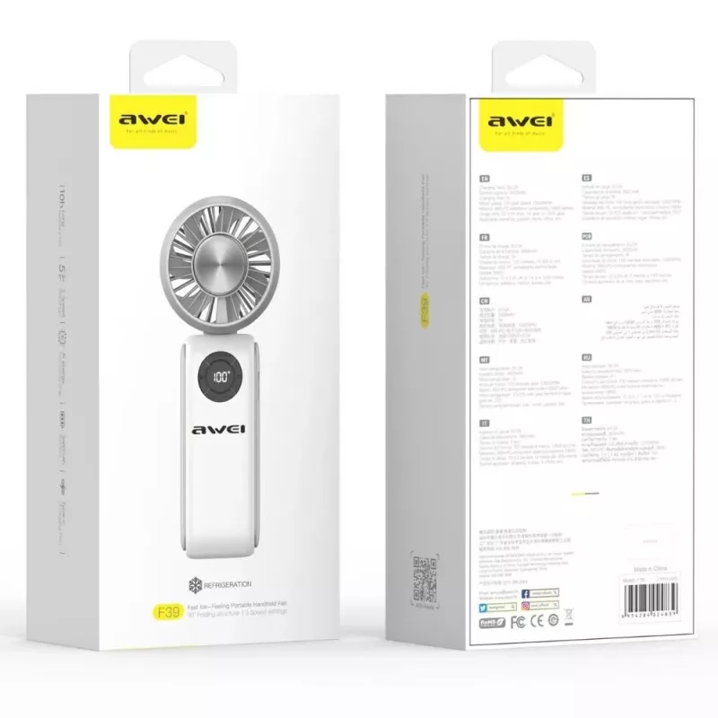 AWEI F39 Fast Ice Mini Rokas Ventilators, Ledus Balts, 3600mAh, Turbo Dzesēšana, 5 Ātrumi, USB-C