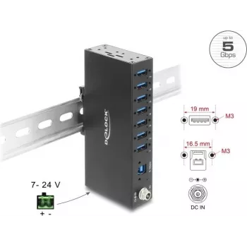 Delock Industrial Hub 7 x USB 5 Gbps Type-A ar 8 kV ESD aizsardzību un DIN sliedes stiprinājumu