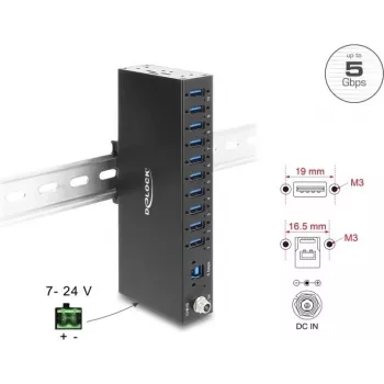 Delock Industrial Hub 10 x USB 5 Gbps Type-A ar 8 kV ESD aizsardzību un DIN sliedes stiprinājumu (60792)