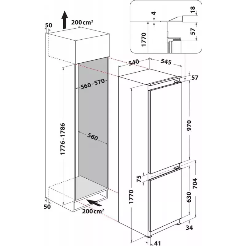 Whirlpool WHC18D071A1 Iebūvējamais ledusskapis-salvētava ar 6th Sense tehnoloģiju, 250 L kopējā ietilpība, energoklase D, balts