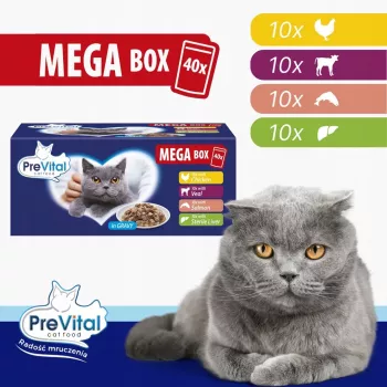 PREVITAL Mega Box Teļš, Lasis, Aknas, Cālis - Slapjā kaķu barība - 40x100g