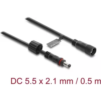 Delock DC pagarinājuma kabelis 5.5 x 2,1 mm spraudnis uz ligzdu ar M12 x 1,75 mm skrūvslēgu ūdensizturīgs 18 AWG, 0,5 m Melns