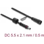 Delock DC pagarinājuma kabelis 5.5 x 2.1 mm spraudnis uz ligzdu ar M12 x 1.75 mm skrūvslēgu ūdensizturīgs 18 AWG, 0.5 m Melns