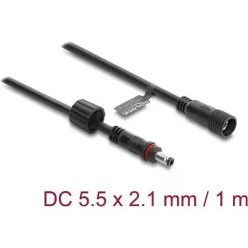 Delock DC pagarinātāja kabelis 5.5 x 2,1 mm spraudnis pret ligzdu ar skrūvju fiksāciju M12 x 1,75 mm vītne ūdensizturīgs 18 AWG, 1 m Melns