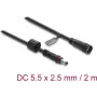 Delock DC pagarinātāja kabelis 5.5 x 2,5 mm spraudnis uz ligzdu ar skrūvju fiksāciju M12 x 1,75 mm vītne, ūdensizturīgs, 18 AWG, 2 m, melns