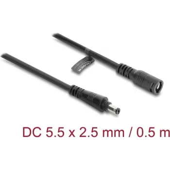 Delock DC pagarinājuma kabelis 5.5 x 2,5 mm vīrietis-sieviete ar bajonetes slēdzeni 18 AWG, 0,5 m Melns (67391)