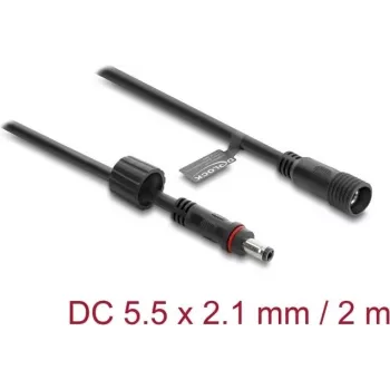Delock DC pagarinātājkabelis 5.5 x 2,1 mm spraudnis uz ligzdu ar skrūvju fiksāciju M12 x 1,75 mm vītne, ūdensizturīgs 18 AWG, 2 m melns (67384)