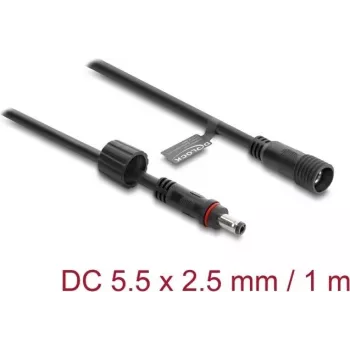 Delock DC pagarinājuma kabelis 5.5 x 2,5 mm spraudnis uz ligzdu ar skrūvējamu fiksāciju M12 x 1,75 mm vītne, ūdensizturīgs 18 AWG, 1 m melns (67386)