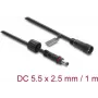 Delock DC pagarinājuma kabelis 5.5 x 2,5 mm spraudnis uz ligzdu ar skrūvējamu fiksāciju M12 x 1,75 mm vītne, ūdensizturīgs 18 AWG, 1 m melns (67386)