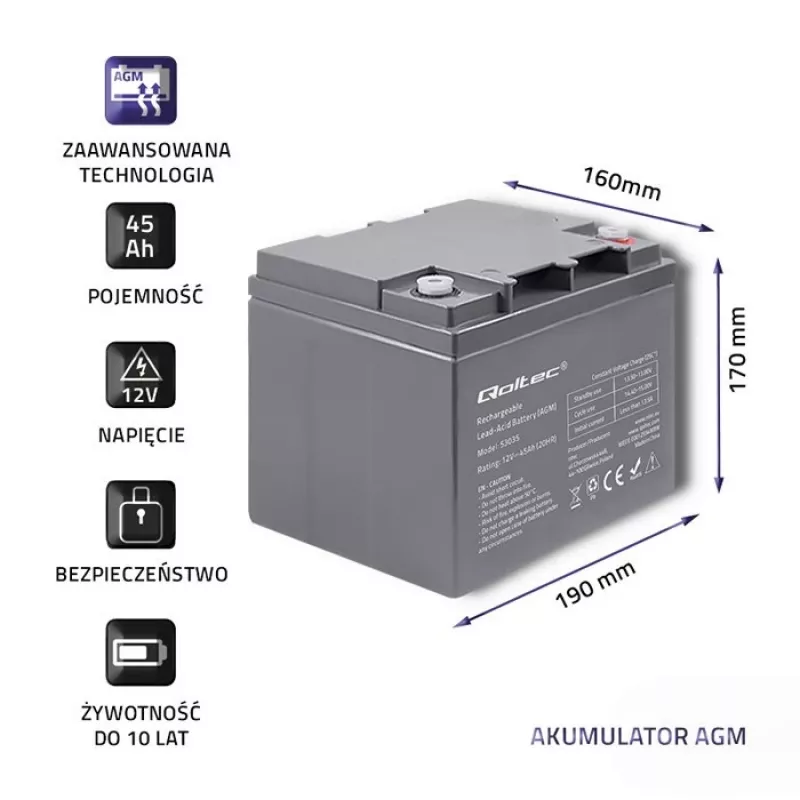 Qoltec 53035 AGM Akumulators 12V 45Ah 540A