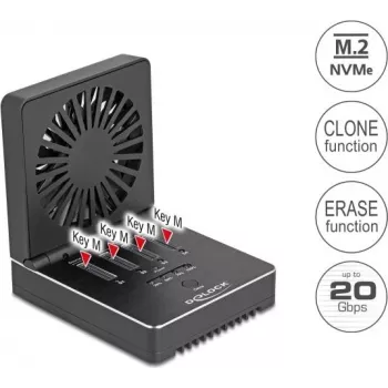 Delock USB 20 Gbps M.2 Docking Station 4 x M.2 NVMe PCIe SSD ar klonēšanas un dzēšanas funkciju