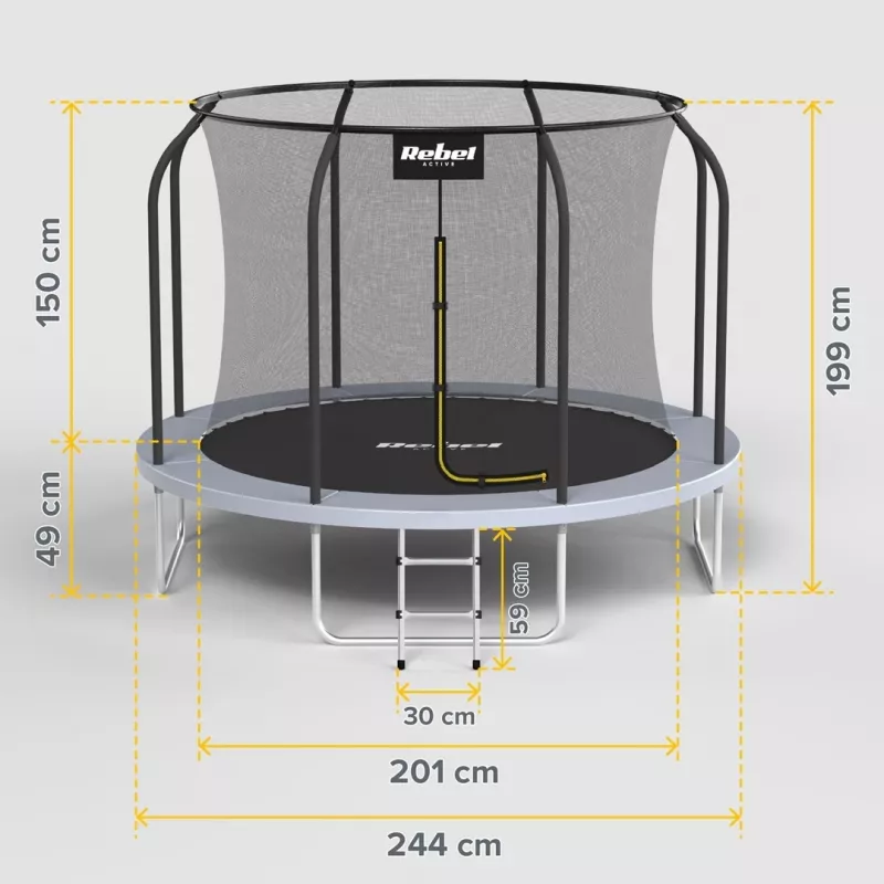 REBEL Active Trampoline PRO 8ft/244cm ar drošības tīklu un kāpnēm
