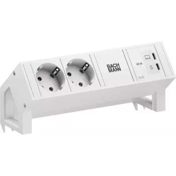 Bachmann DESK2 Pure White galda barošanas modulis ar 2x Schuko kontaktligzdām un 65W USB-C PD, 0,2m kabeli, RAL 9010
