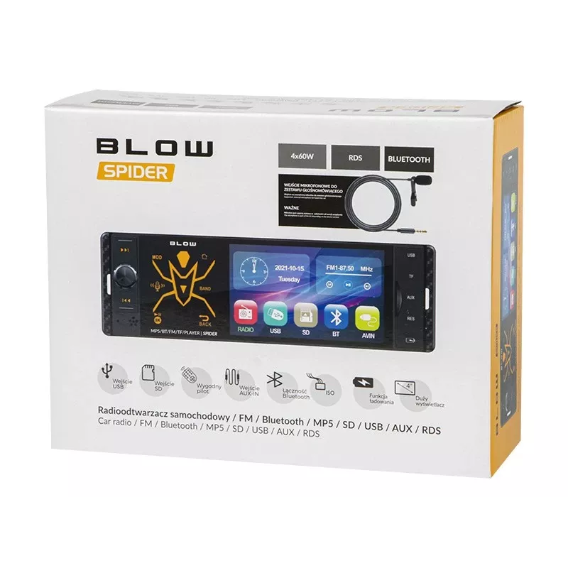 BLOW Spider 4CAL RDS RGB autora dio ar Bluetooth, USB, SD, AUX, skārienekrānu, RGB fona apgaismojumu, tālvadības pulti, 1 DIN, 4x45W