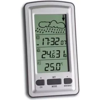 TFA 35.1079 Axis Weather Station ar DCF-77 radiosinhronizētu laiku, vienkrāsains LCD, 433 MHz bezvadu āra sensors, temperatūra un mitrums, laika prognoze, mēness fāze, modinātājs ar atlikšanu, fona apgaismojums, sienas stiprinājums