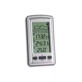 TFA 35.1079 Axis Weather Station ar DCF-77 radiosinhronizētu laiku, vienkrāsains LCD, 433 MHz bezvadu āra sensors, temperatūra un mitrums, laika prognoze, mēness fāze, modinātājs ar atlikšanu, fona apgaismojums, sienas stiprinājums