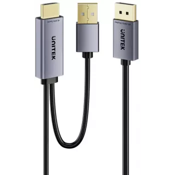UNITEK HDMI to DisplayPort 4K kabelis ar USB-A barošanu, 1,8m, Melns