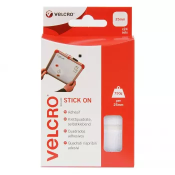 VELCRO VEL-EC60235 pašlīmējoši āķu un cilpu kvadrātiņi, 25 x 25 mm, 24 komplekti, balti